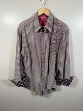 Robert Graham Button Down Size XL Flip Cuff Purple Green Embroidered Work Y2K